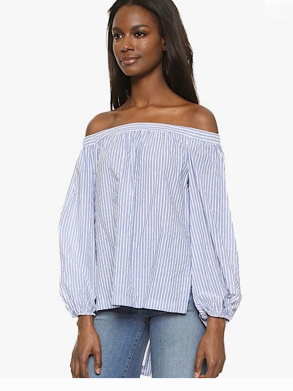 BCBGMAXAZRIA Ellsie Split Back Off Shoulder Blue Stripe Top L Flowy Lightweight